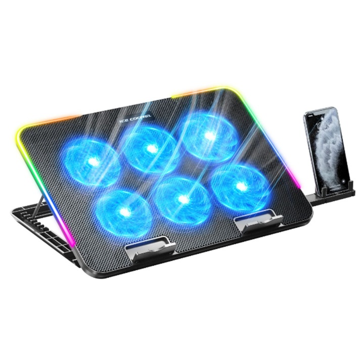 Cooler laptop cu 6 ventilatoare cu iluminare RGB, BytePulse, ajustabil, port USB, suport telefon