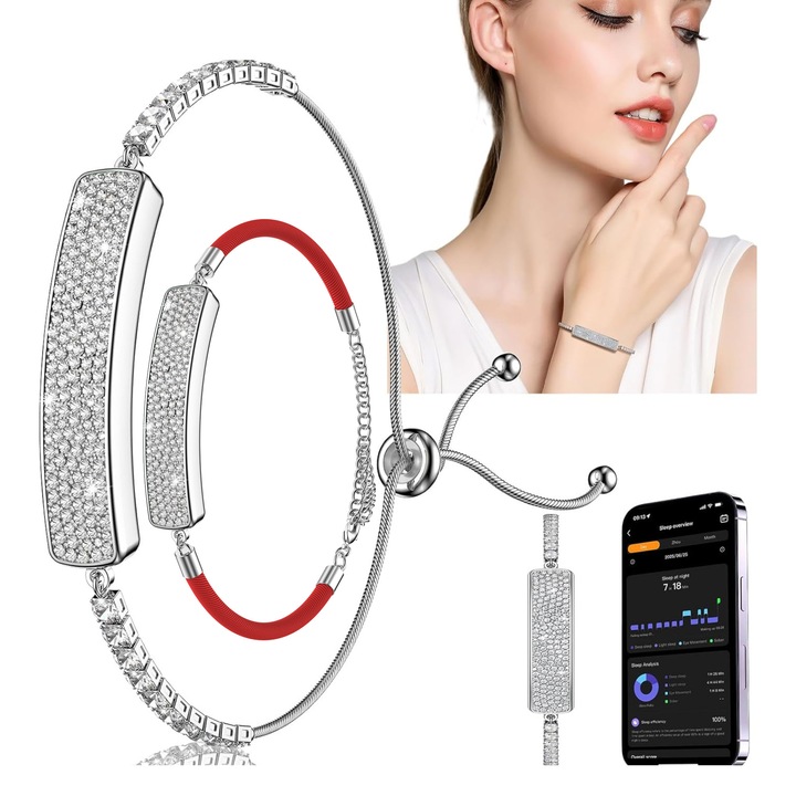 ESL Essential Level® Intelligens fitnesz karkötő nőknek, Bluetooth 5.3, Pulzus-, Oxigén-, Alvás- és Stresszfigyelés, Sportmódok, 5ATM vízállóság, 3–5 napos akkumulátor-üzemidő, Ékszer dizájn, 2 állítható szíj, Prémium ajándék iOS & Android, Ezüst