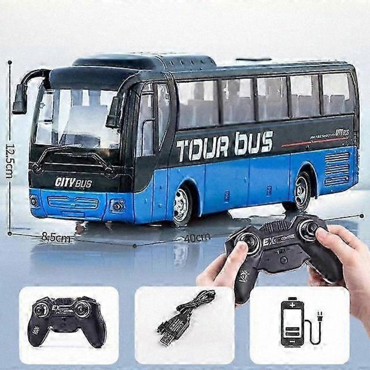 Autobuz electric cu telecomanda, design cu etaj, efecte de lumina, pentru copii, 4-12 ani, albastru