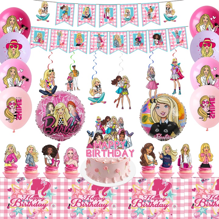 Set 35pcs Decoratiuni Petrecere Barbie, InBoxxarty, Accesorii Petrecere Barbie - Fata de Masa, Banner, Balon etc Decoratiuni Aniversara Barbie