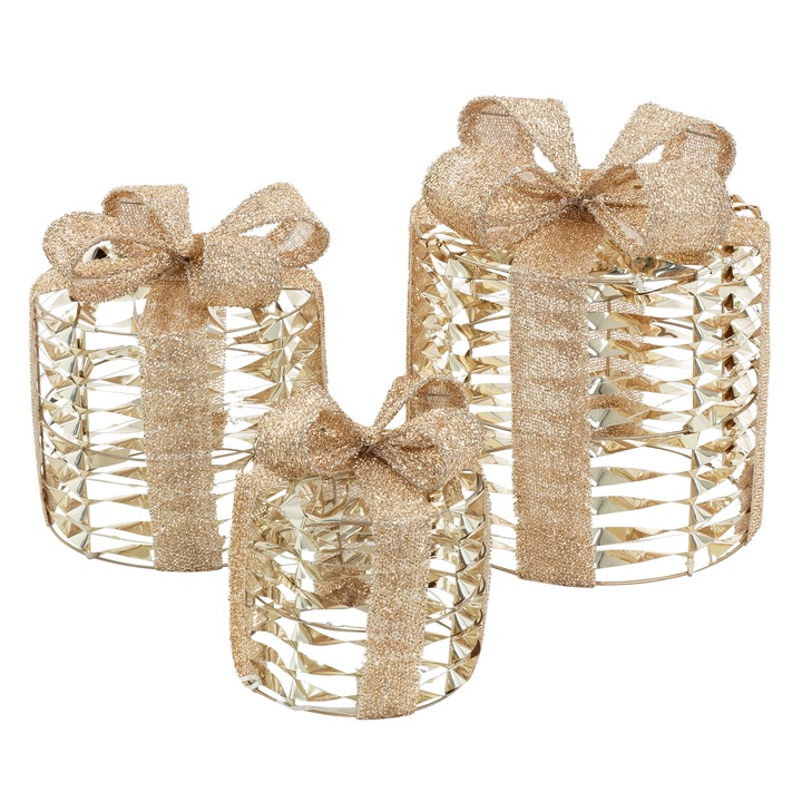 Set 3 cutii cadou LED ECD Germany, 135 LED-uri alb cald auriu, decoratiuni de craciun pentru sub brad, cadru din sarma, cutii iluminate cu mod temporizator pentru interior, functioneaza pe baterii