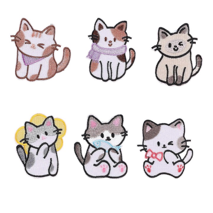 Set 6 Piese Patches Brodate Pisici Cartoon, Multicolor, 6.2x5.3cm, 6.3x6.2cm, 6.6x5.1cm