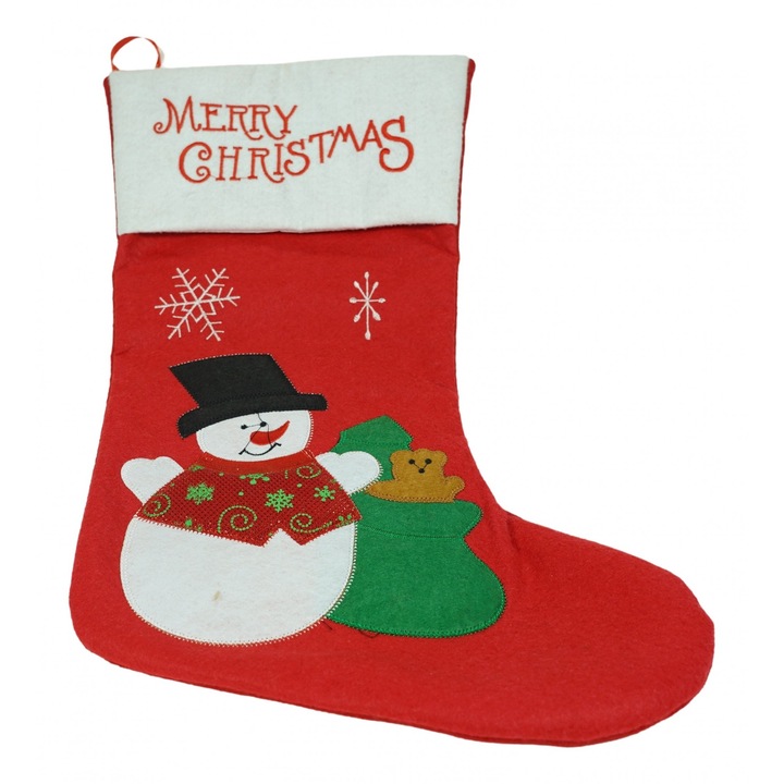 Ciorap Cadouri, By Fitilomania, cu model om de zapada, rosu, marimea 19x38 cm, textil, interior