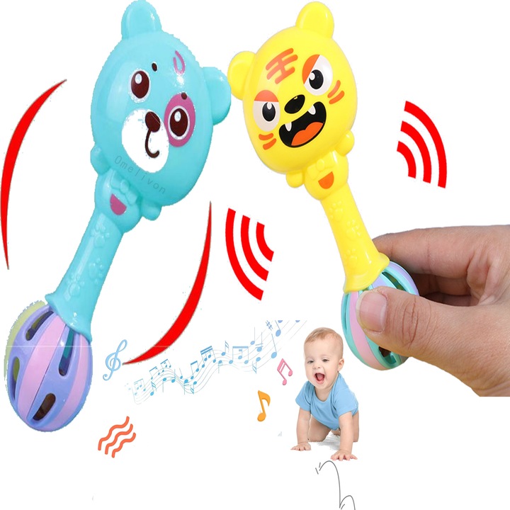 Set jucarii senzoriale si zornaitoare, Jucarie interactiva pentru bebelusi, pentru bebelusi fete si baieti, 2 buc, 0-12 luni, Multicolor, Omelivon