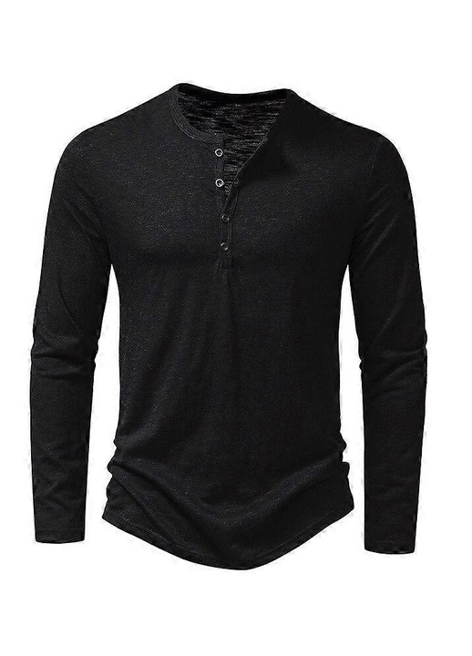 Bluza barbati cu guler Henley, maneca lunga, bumbac, negru, L INTL