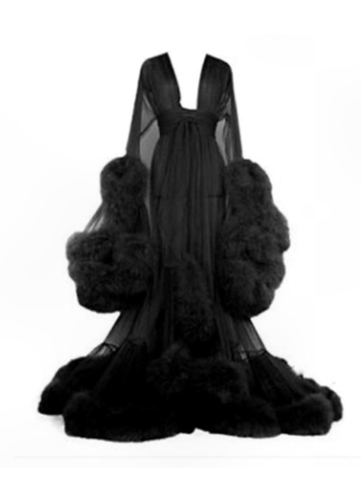 Maxi hálóing, köntös fazonú, poliészter, átlátszó kivitel, fekete