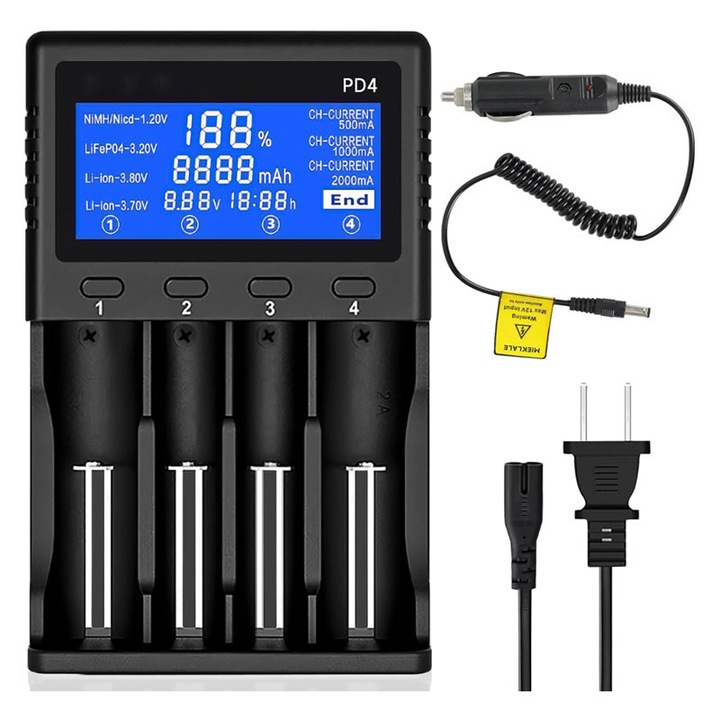 Универсално зарядно устройство 18650, Rqiurpn, 4 слота, LCD дисплей, За презареждащи се батерии AA AAA Li-ion Ni-MH/Cd LiFePO4