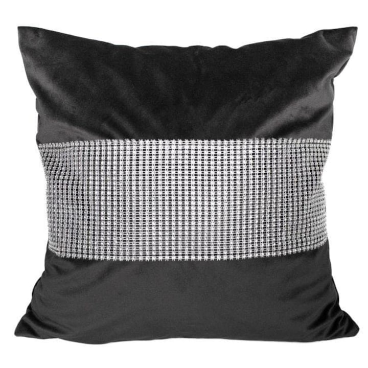 Dekoratív párnahuzat, Faro, Dekoratív applikációk, Bársony, Négyzet alakú, Megfordítható huzat, Kellemes tapintású, Cipzárral ellátott, Hipoallergén, Oeko Tex Standard 100 minősítéssel, Fekete