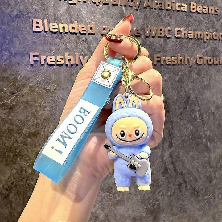 Kulcstartó hátizsákhoz, Labubu, szilikon PVC, fém, kék