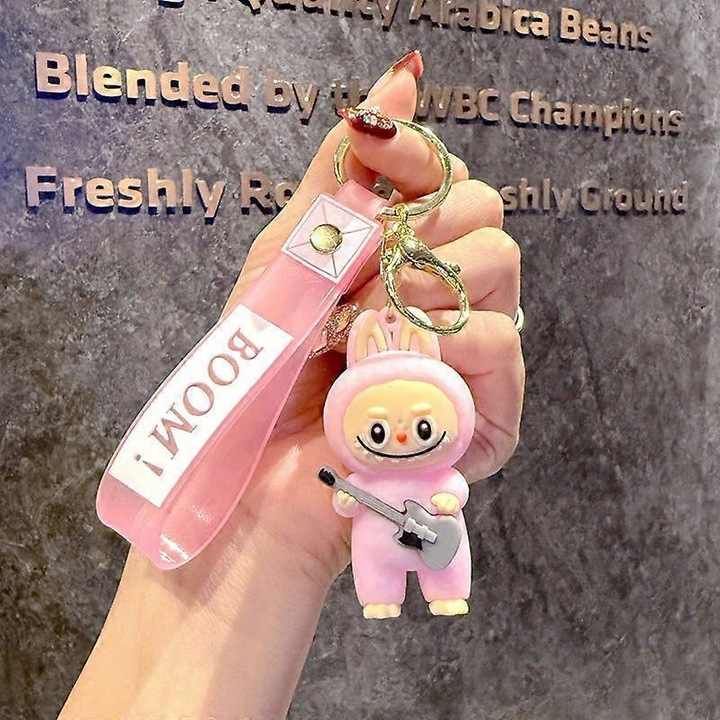 Labubu hátizsák kulcstartó, világospiros, PVC szilikon és fém, aranyos ajándék nőknek