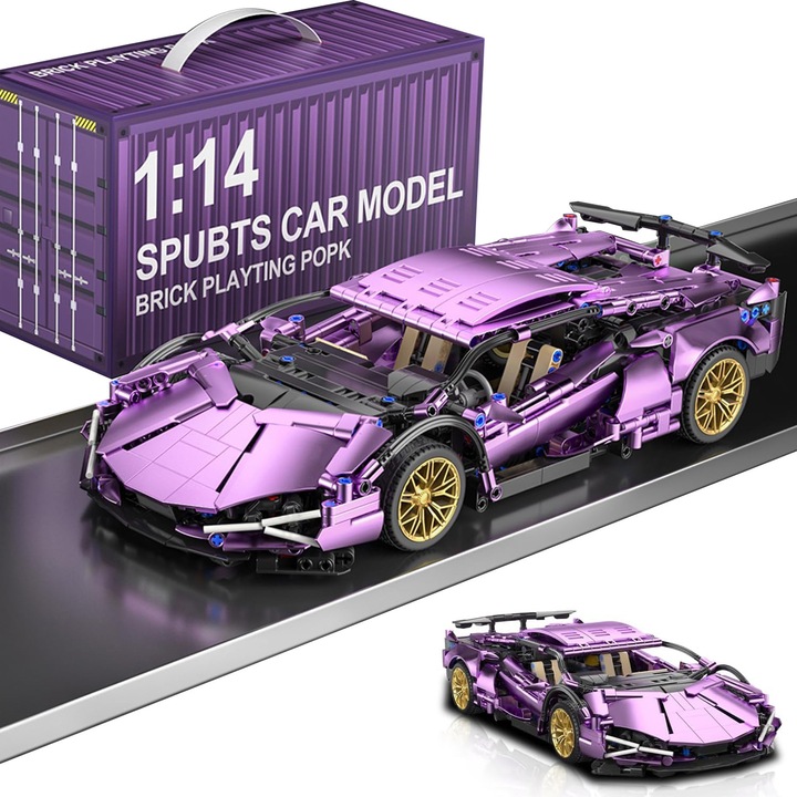 Sportautó építőkocka készlet, lynker, 1280 db, 1:14, 35.8 × 16.8 × 8.6 cm, részletes modell, oktató játék gyermekeknek, Gyűjthető versenyautó ajándékok, 6 év feletti gyermekeknek és felnőtteknek, lila