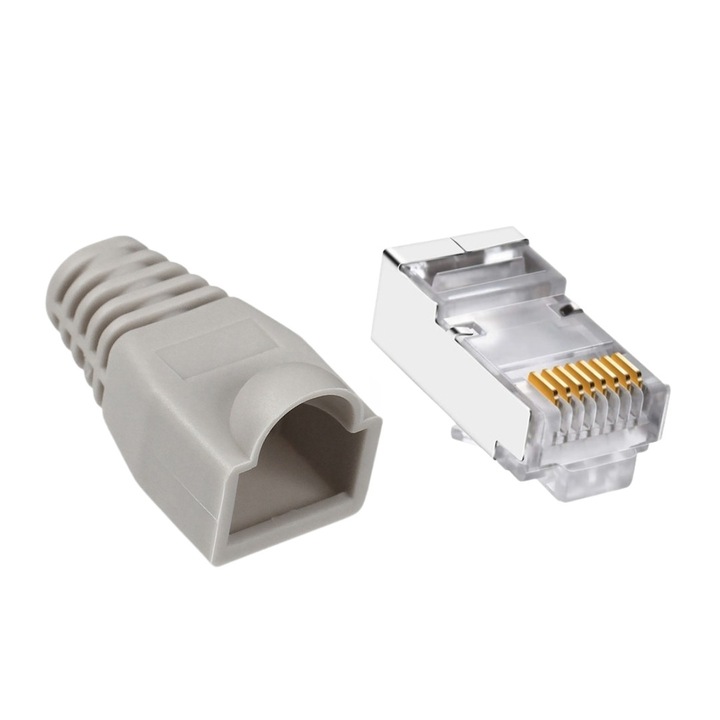 Set 50 x mufa ecranata + manson de protectie, RJ45, CAT5 CAT6, 8 pini 8P8C, gri, Dactylion®