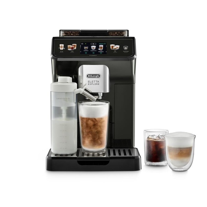 Espressor Automat Eletta Explore De’Longhi ECAM 450.65.G Dinamica Plus, 1450W, 15 Bar, Cappuccino, Americano, Macchiato, LatteCrema, Ecran TFT, 1.8 L, Gri