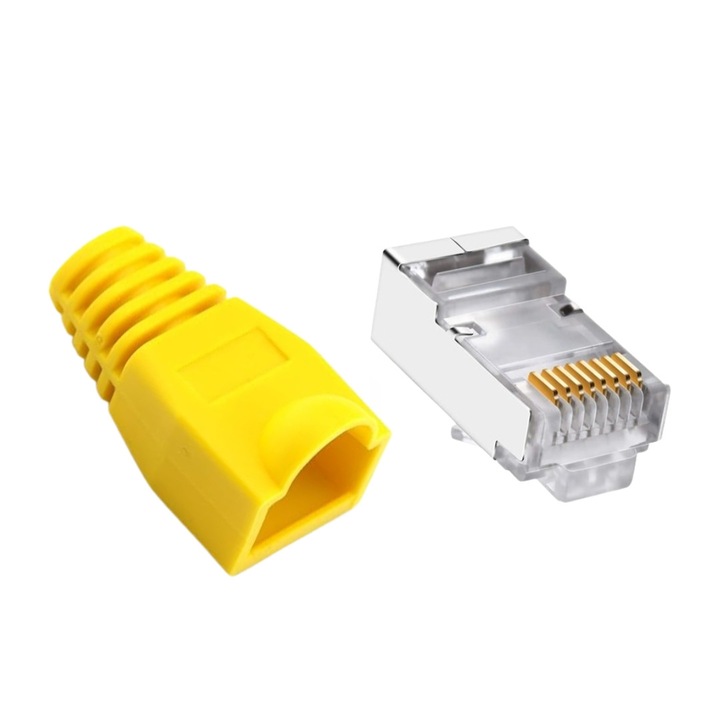 Set 100 x mufa ecranata + manson de protectie, RJ45, CAT5 CAT6, 8 pini 8P8C, galben, Dactylion®