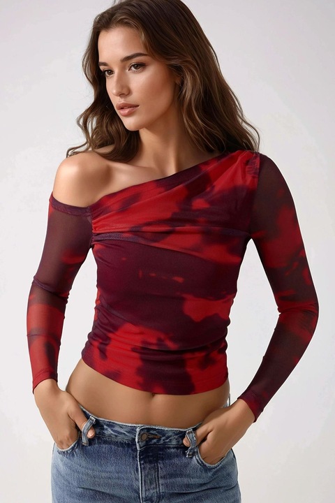 Bluza dama, HiCCUP, din tul cu guler asimetric, rosu, jerseu