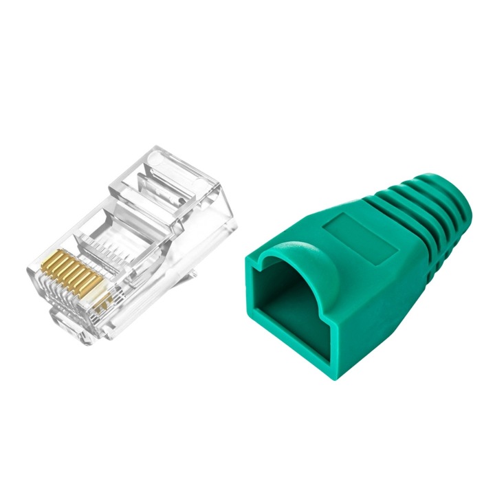 Set 10 x mufa + manson de protectie, RJ45, CAT5 CAT6, 8 pini 8P8C, verde, Dactylion®