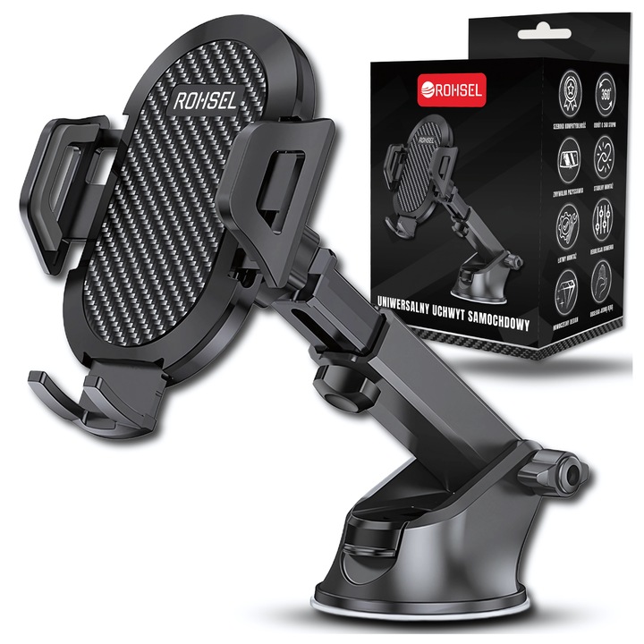 Suport auto pentru telefon, Rohsel, negru, brat reglabil 8-13 cm, rotire 360°