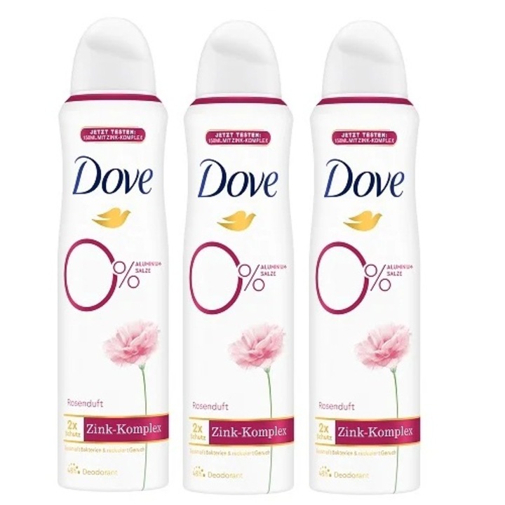 Set 3 x Deodorant Dove 0% Saruri de Aluminiu Complex Zink Trandafir 150ml