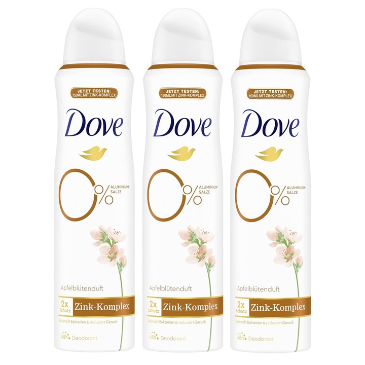 Set 3 x Deodorant Dove 0% Saruri de Aluminiu Complex Zink, Flori de Mar, 150ml
