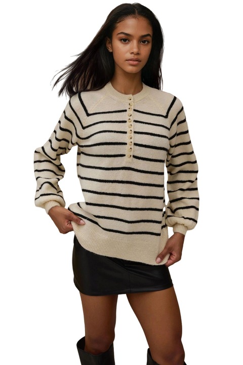 Pulover dama HiCCUP, cu guler cu nasturi, model cu dungi, tricot, Negru, S-M