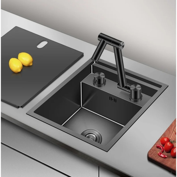 Chiuveta Bucatarie din Otel Inoxidabil SUS304, 39x32 cm, cu Acoperire Nano, Robinet Rabatabil 360° si Capac de Protectie – Design Modern, Rezistent la Pete si RuginaC
