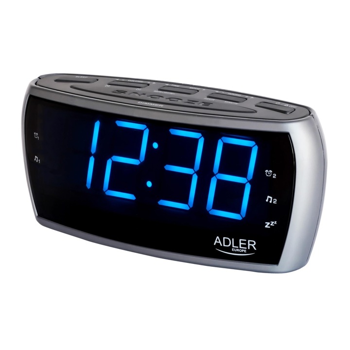 Радио с часовник, Adler, Ad 1121 S, 1.8 инчов LED екран, Двойна аларма с функция за отлагане, AM/FM радио, 10 предварително зададени станции, 50 мм високоговорител, Изходна мощност 350 mW, 200 x 80 x 77 мм, Черен/Сребрист