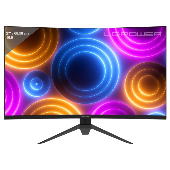 LC-Power 27" LC-M27QC VA LED Játék monitor, QHD 2560 x 1440, HDMI, DisplayPort, Ívelt képernyő, 180 Hz, 1 ms, Fekete