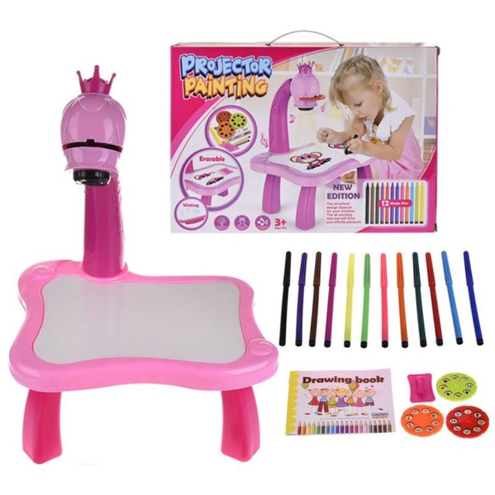Projektoros festőkészlet gyerekeknek, 24 kivetíthető kép, 12 filctoll, 3 eszköz, 1 rajztömb, 3 db AA 1,5-ös elemmel működik, hasznos kezdőknek a művészetben, rózsaszín