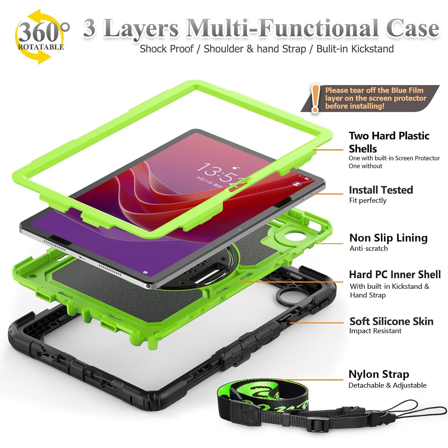 Husa tableta DUOCUOLA pentru Lenovo Tab M11/K11, protectie 360, suport rotativ, verde, 11 inch