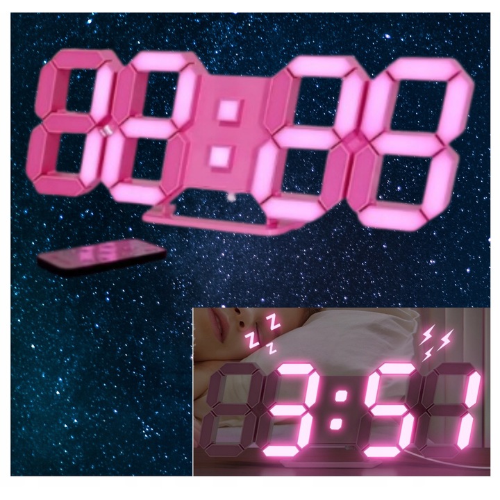LED digitális asztali óra ébresztővel, 3D, rózsaszín, 26x9,9cm, távirányítóval, hőmérő funkcióval, fényerő beállításokkal