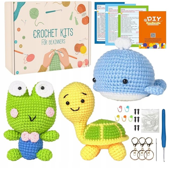 Horgolókészlet, 1 horgolótű, 2 varrótű, 5 jelölő, 6 szem, 3 kulcstartó, többszínű