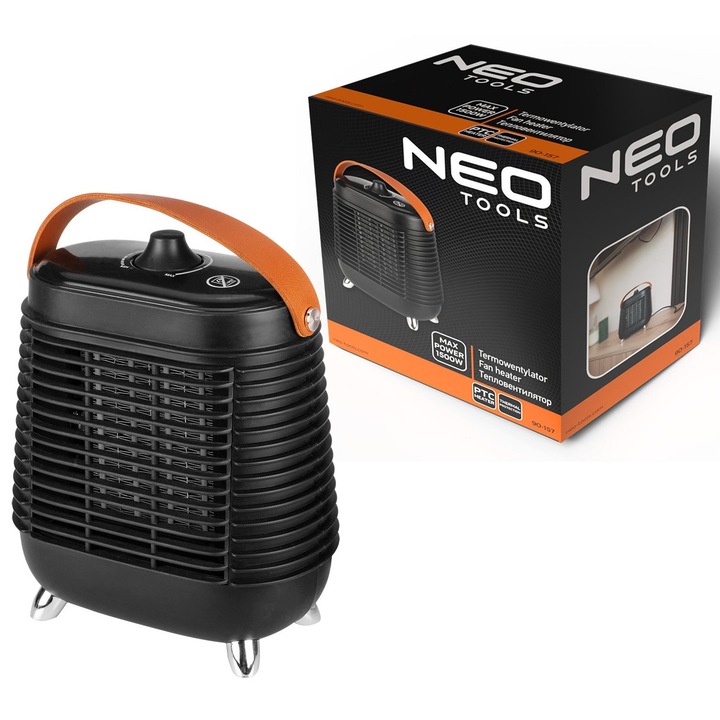 Kerámia hősugárzó NEO TOOLS 1500W, állítható termosztát, túlmelegedés elleni védelem, fekete