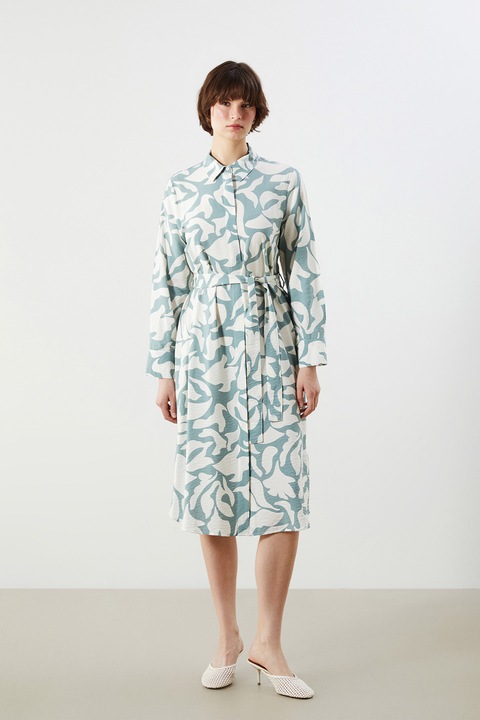 LC WAIKIKI, Rochie cu cordon in talie si model, Alb/Verde pal, XL