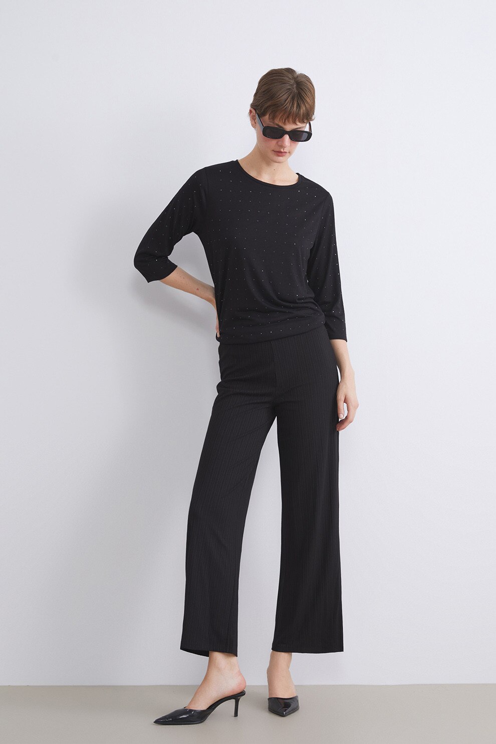LC WAIKIKI, Pantaloni crop cu striatii, Negru, L
