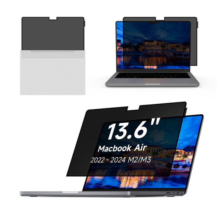 Protector de ecran pentru confidentialitate Nanoglue - Anti-Spion si Antireflex pentru MacBook 13.6", Protectie ochi, Spalabil, 4H