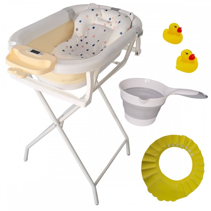 Сгъваема бежова вана с метална стойка KidsCare, термометър, възглавница-редуктор, играчки, защита за глава, сгъваема чаша