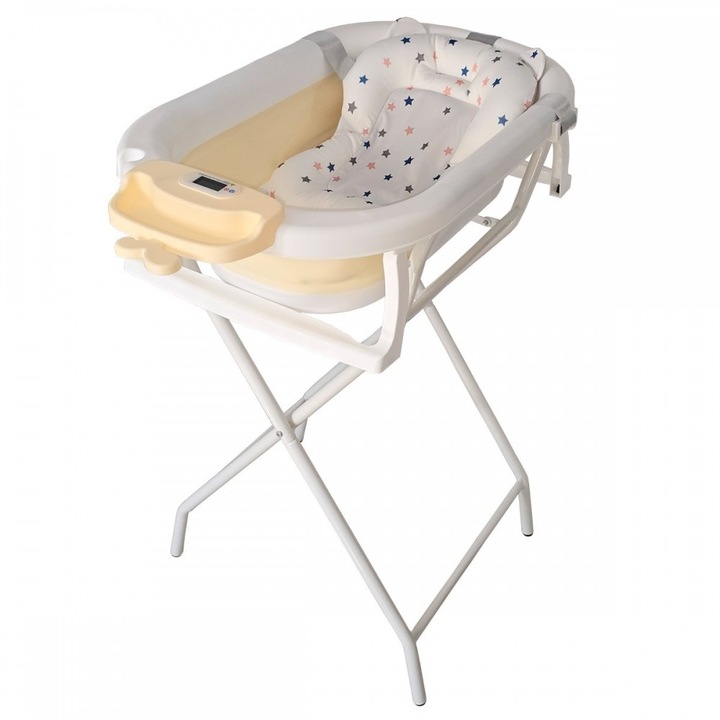 Сгъваема бежова вана с метална стойка KidsCare, термометър, възглавница-редуктор, играчки, защита за глава, сгъваема чаша