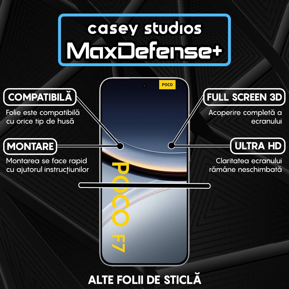 Folie Sticla CASEY STUDIOS™ compatibila cu Xiaomi Poco F7, Anti Zgarieturi, Anti Socuri, Ultra HD, Full Glue, Full Cover 3D, Margini Negre