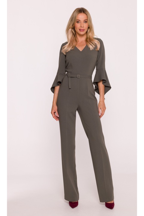 Salopeta, S416 Kaki V-nyakú, 7/8-os ujjú fodrokkal, Egyenes szárú, Sima anyag puha felülettel, Khaki