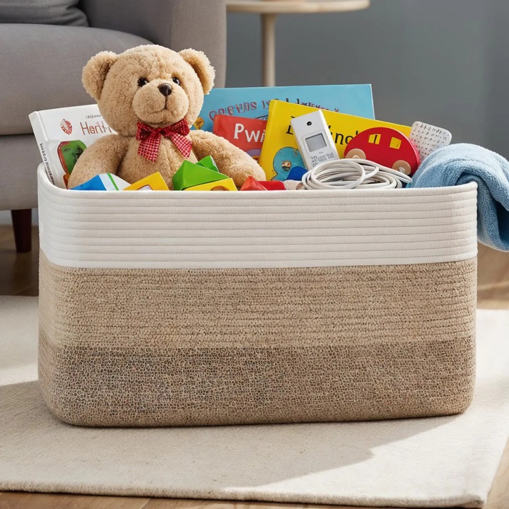 Cos de Rufe Elindor® Ideal pentru Haine Murdare, Jucarii, Diverse Obiecte, Recipient Sortare Rotund de 75 L, pentru Casa, Baie, Living, Hol, Camera Copiilor sau Hotel, 55×43×30.5 cm., Impletit din Franghie din Bumbac, Bej