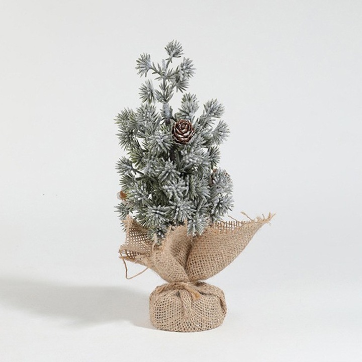 Decoratiune Craciun pentru Masa, Flippy, Ornament de Decor Model Brad de Craciun de Dimensiuni Mici cu Fulgi Albi, pentru Birou si Interior, din Plastic Calitativ 20 cm, Verde Alb