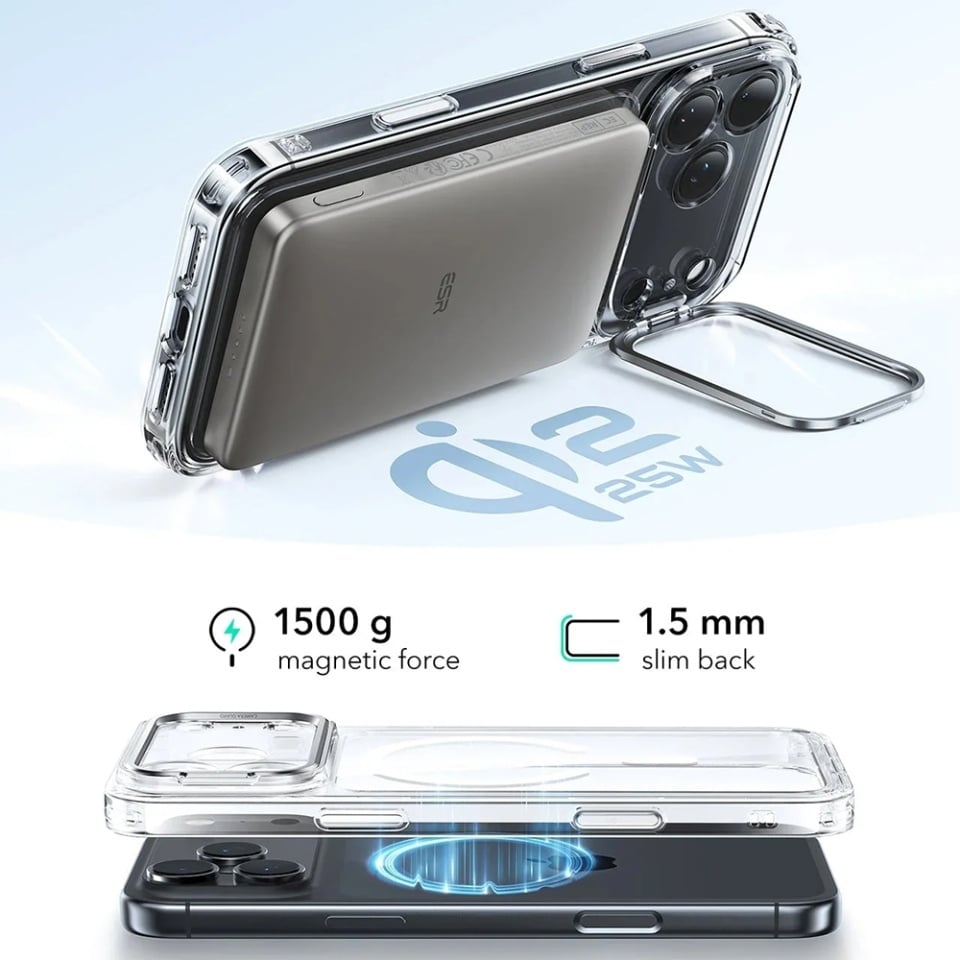 Husa pentru iPhone 17 Pro, slim, ESR Classic Hybrid HaloLock Kickstand, Transparenta