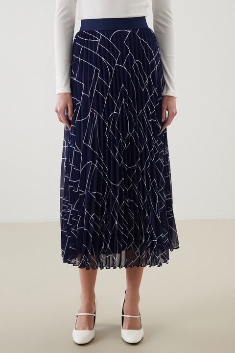 LC WAIKIKI, Fusta midi din sifon cu model plisat, Alb/Bleumarin, L-XL