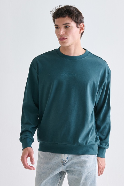 LC WAIKIKI, Bluza de trening din amestec de bumbac cu imprimeu text, Albastru petrol, S