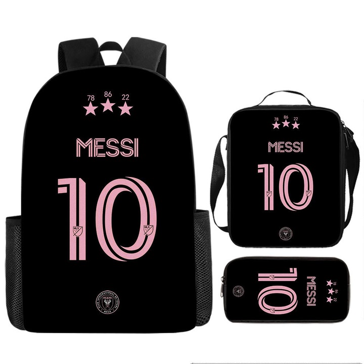 Modern háromrészes szett Messi #10 fekete és rózsaszín: Nagy kapacitású hátizsák + Crossbody táska + Tolltartó. Egy elegáns, kiváló minőségű iskolai szett a sztárjátékossal.Yingtai®