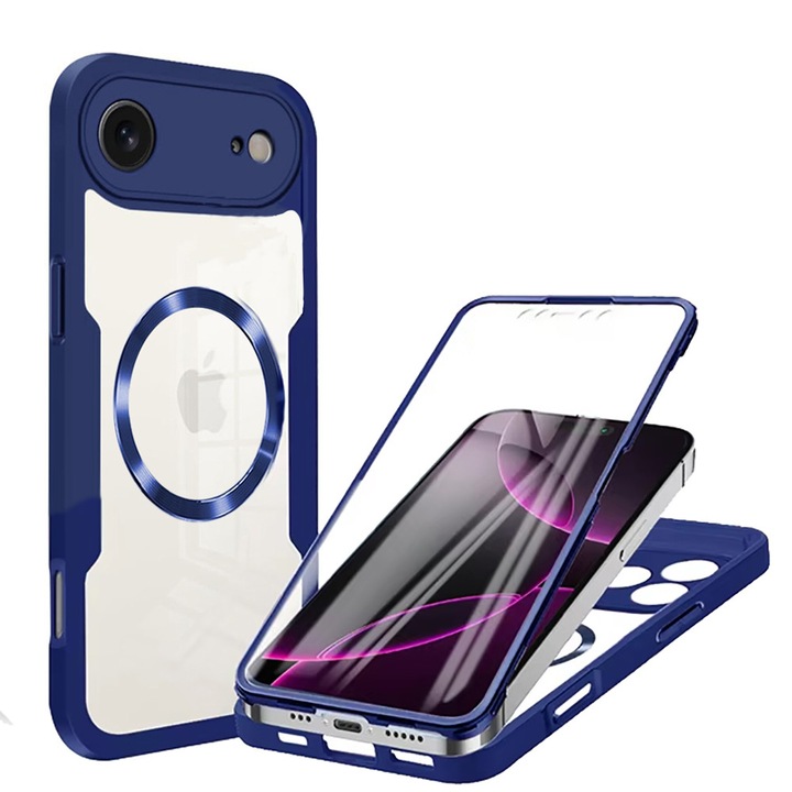Калъф 360 градуса, съвместим с Apple iPhone 17 Air, с включен протектор за екран, съвместим с MagSafe, удароустойчив, против пожълтяване, против надраскване, издръжлив, с повдигнати ръбове от 3 мм, Син/Прозрачен