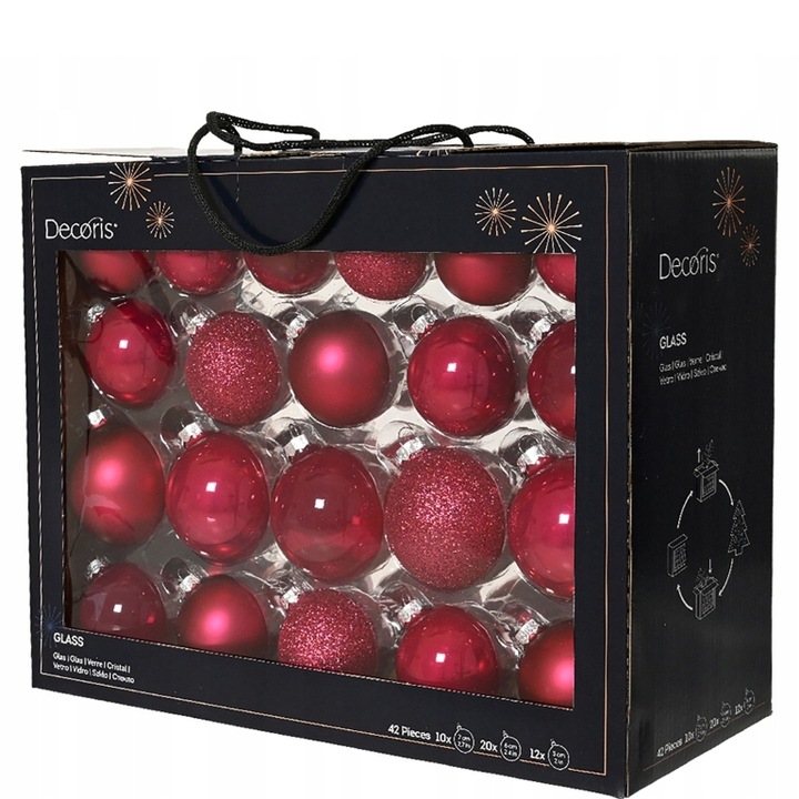 Set 42 globuri de Craciun, Kaemingk, fucsia, 5/6/7 cm, mat, lucios, brocat