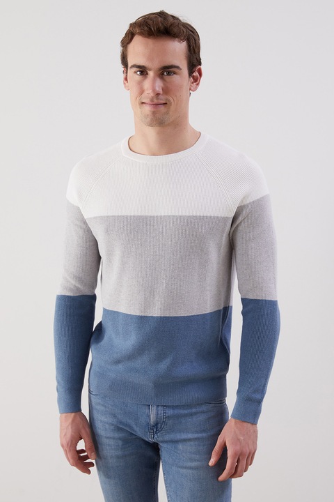 LC WAIKIKI, Pulover colorblock de bumbac, Albastru inchis/Alb murdar/Gri deschis melange