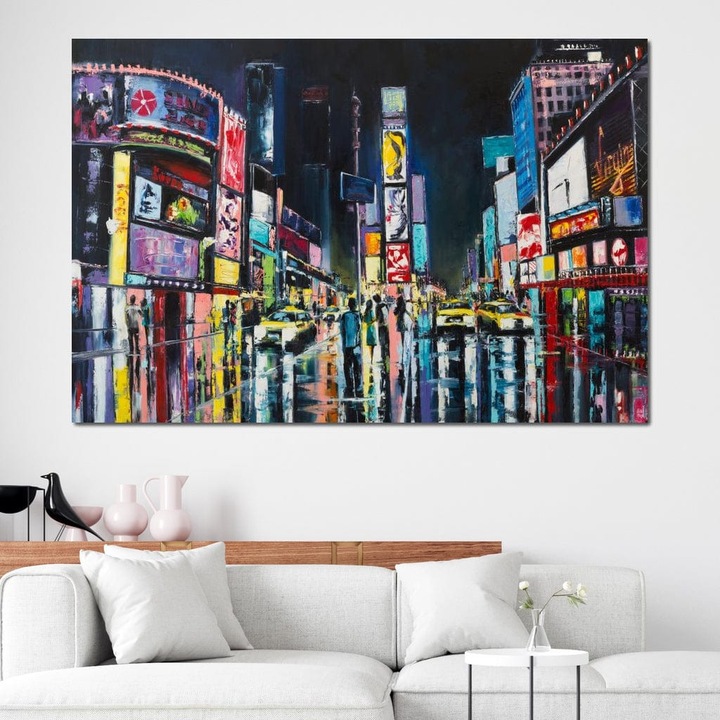 Премиум Канава Картина, LuxCanva® O1018, Симфония на Рекламите, 100 X 150 СМ, 100% Памучно Платно 400гр/м2, Шаси, Дърво, Светлини, Таймс Скуеър, Цветен, Нощи, Вибрация, Свобода, Градски, Космополитен, Ню Йорк, Ваканция, Америка, Офис, Хол, Спалня
