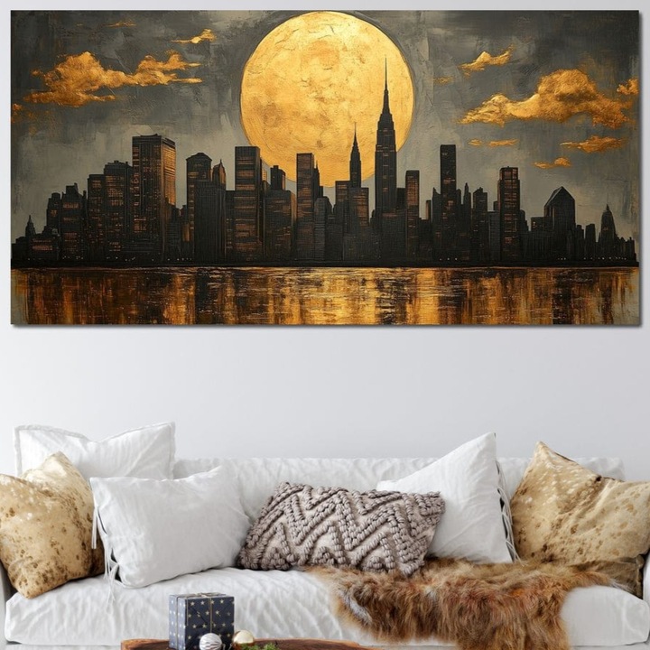 Картина, LuxCanva® O1019, Градско Затъмнение, 50 X 100 СМ, 100% Памучно Платно 400гр/м2, Рамка, Дърво, Пламъци, Светлина, Метрополис, Огледало, Вода, Сгради, Блясък, Небе, Стени, Златист, Апогей, Изглед, Отражение, Мистерия, Офис, Всекидневна, Спалня